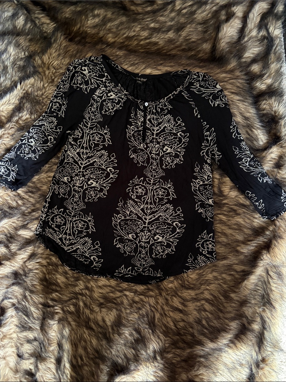 Lucky Brand Women’s Black Beige Floral Boho Peasant Blouse 3/4 Sleeve Top Size S